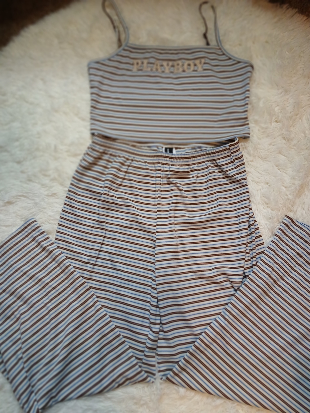 PLAYBOY Blue and Brown Striped Crop Tank and Pants Set - Picture 2 of 2